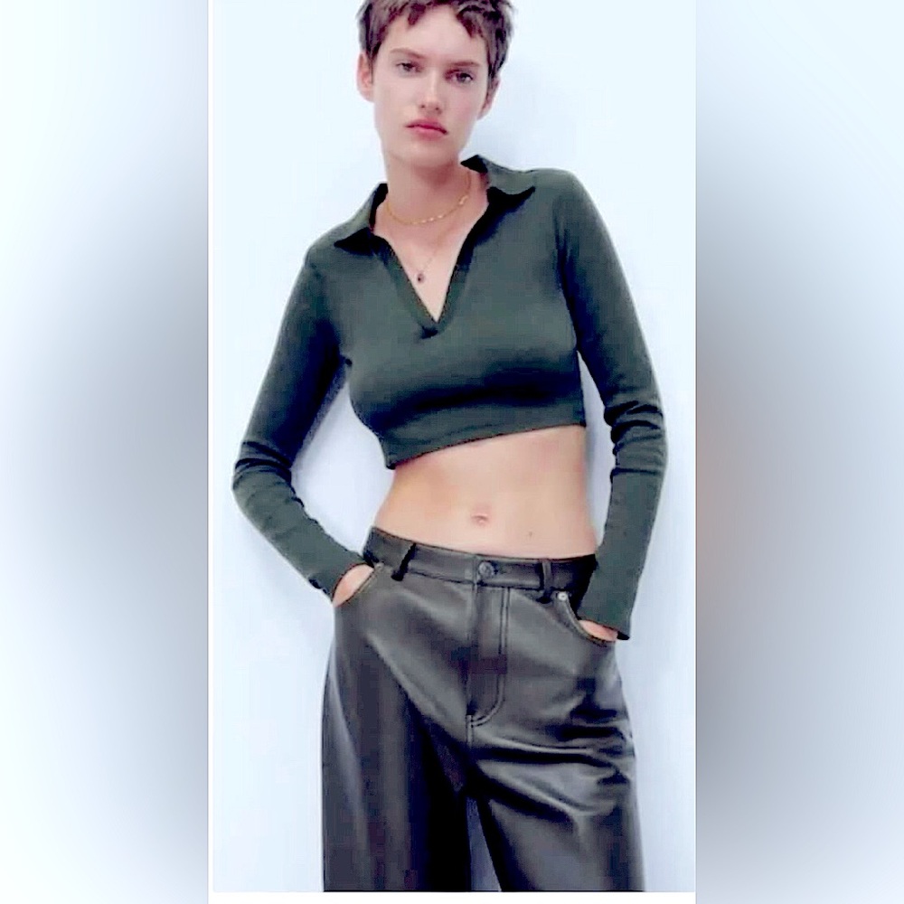 ZARA CHOCOLATE BROWN RIBBED CROP COLLAR TOP